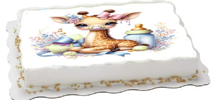 Decorative cake topper with a giraffe design on a edible image