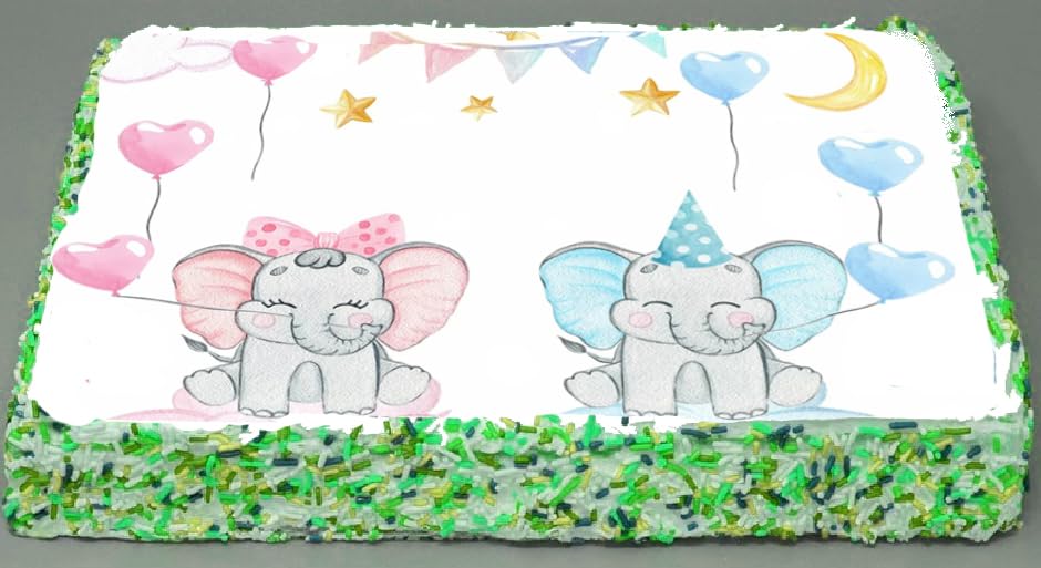 Sheet cake topper with decorated elephants and colorful balloons on a edible image.
