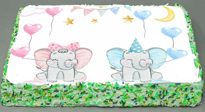 Sheet cake topper with decorated elephants and colorful balloons on a edible image.