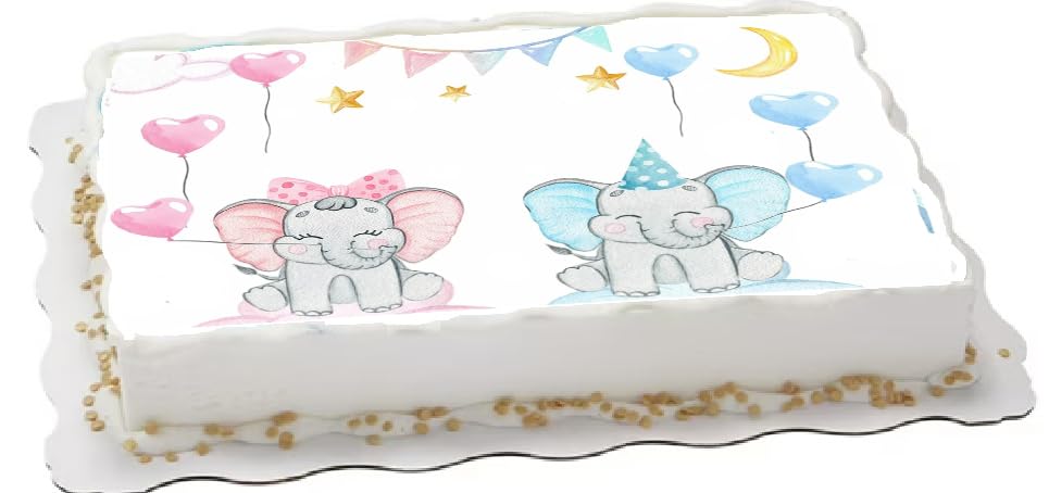 Decorative cake topper  with cartoon baby elephants and balloons on a edible image.