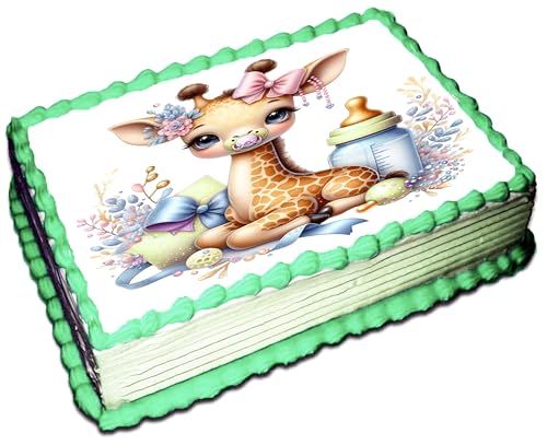 Custom Edible Cake Topper – Baby Giraffe Baby Shower Celebration Design – 1/4 Sheet Cake (9x13) – Precut Icing Sheet – RA Pape
