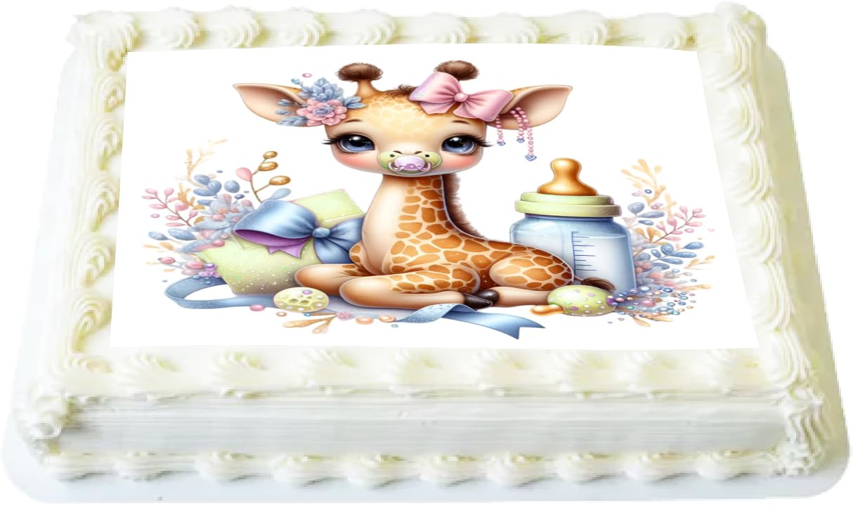 Edible image Cake topper with a baby giraffe design with a blue bow and pink bow, a baby bottle near by.