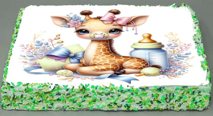 Decorative cake topper with a giraffe design and colorful elements on a edible image