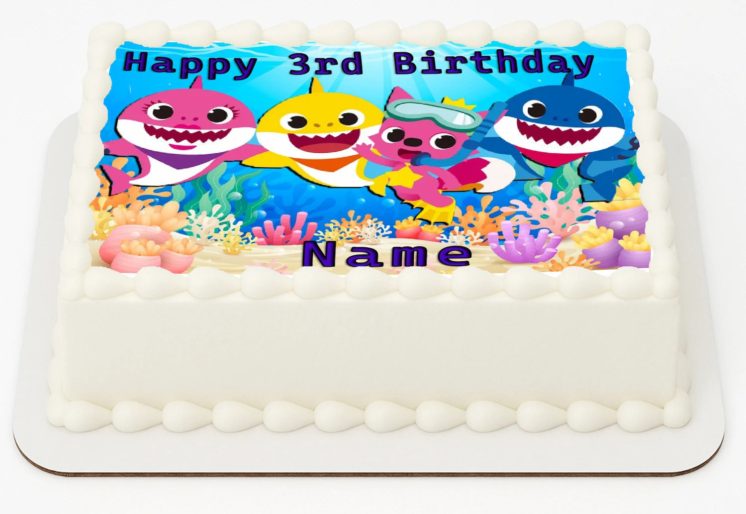 Edibel Icing Images Cake Topper with 'Happy  Birthday' and Baby Shark cartoon characters.