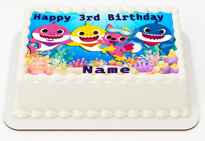 Edibel Icing Images Cake Topper with 'Happy  Birthday' and Baby Shark cartoon characters.