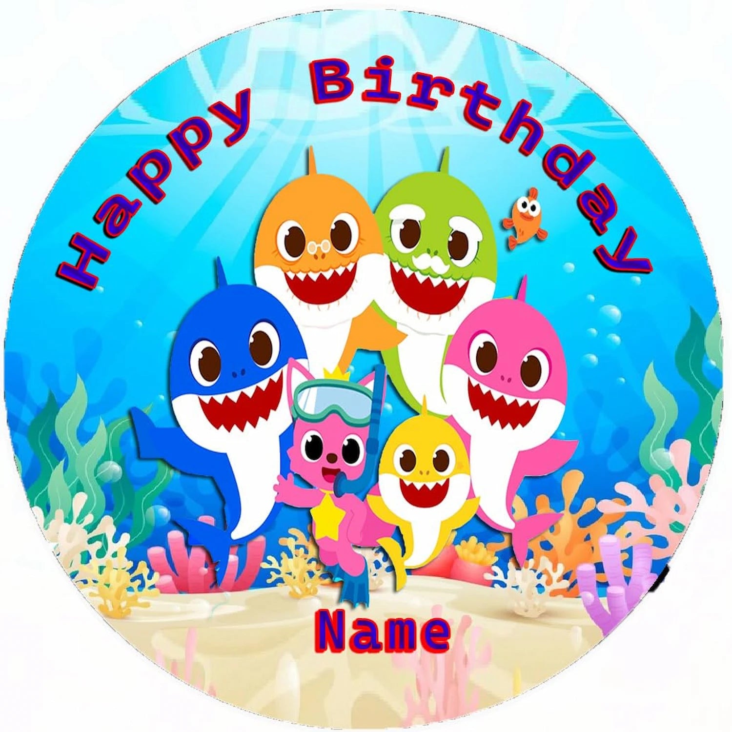 Round birthday cake topper image with cartoon sharks and text 'Happy Birthday' .