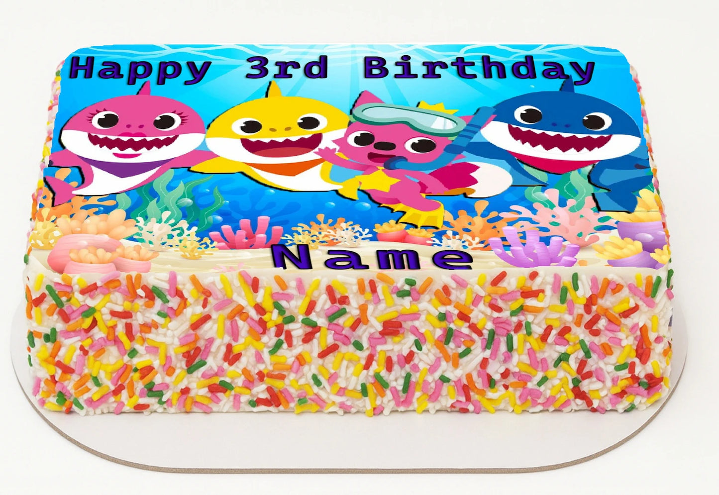 Personalized Edible Icing Image birthday cake Topper with cartoon Shark characters and colorful sprinkles