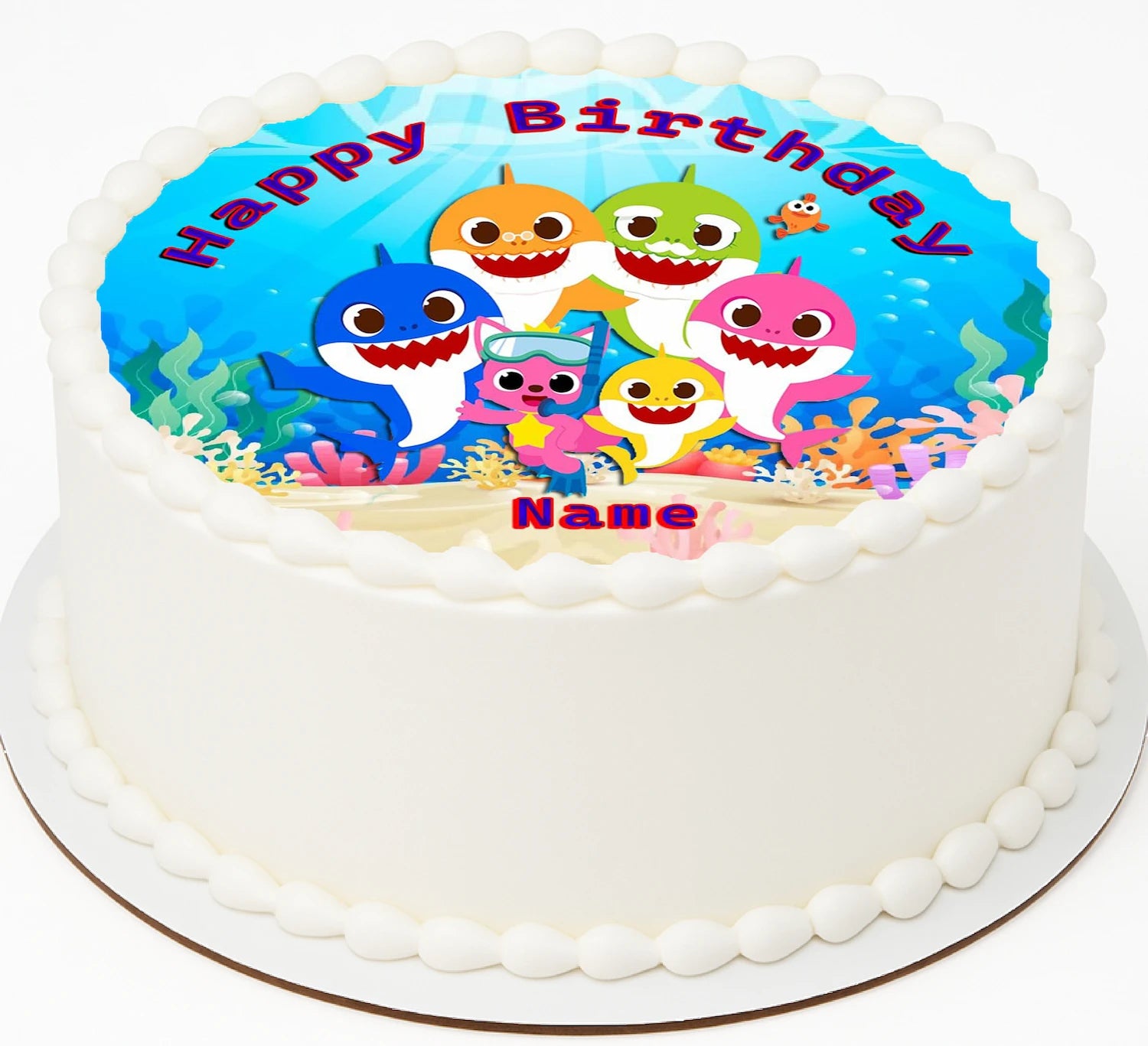 Baby shark birthday cake topper with 'Happy Birthday' text .