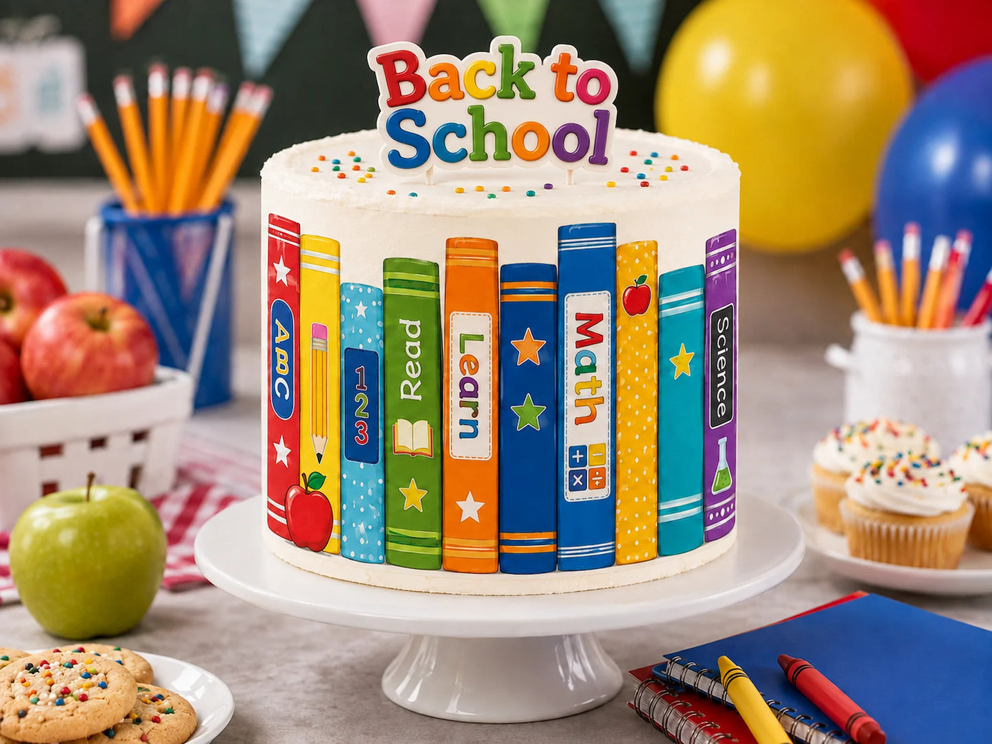 Back to School Edible Image Cake Wrap Seamless Colorful Books – Icing Sheet - RA Pape