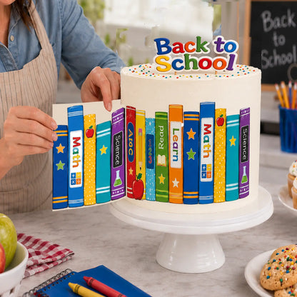 Back to School Edible Image Cake Wrap Seamless Colorful Books – Icing Sheet - RA Pape being decorated