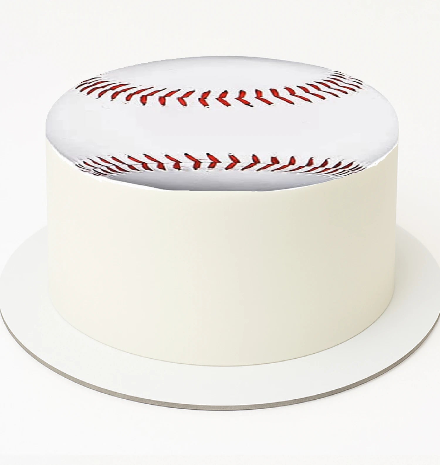 Edible image decorated to look like a baseball including the red stitching cake topper