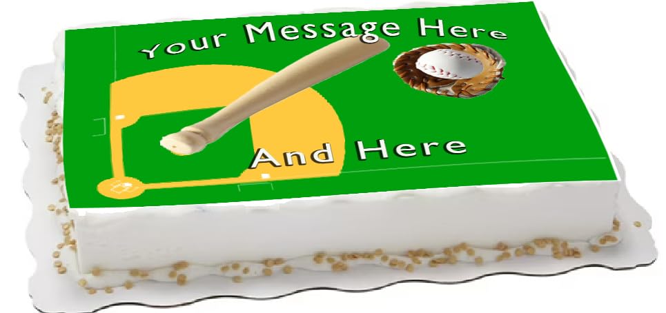 Baseball field cake topper sheet with bat and ball with customized text edible image.