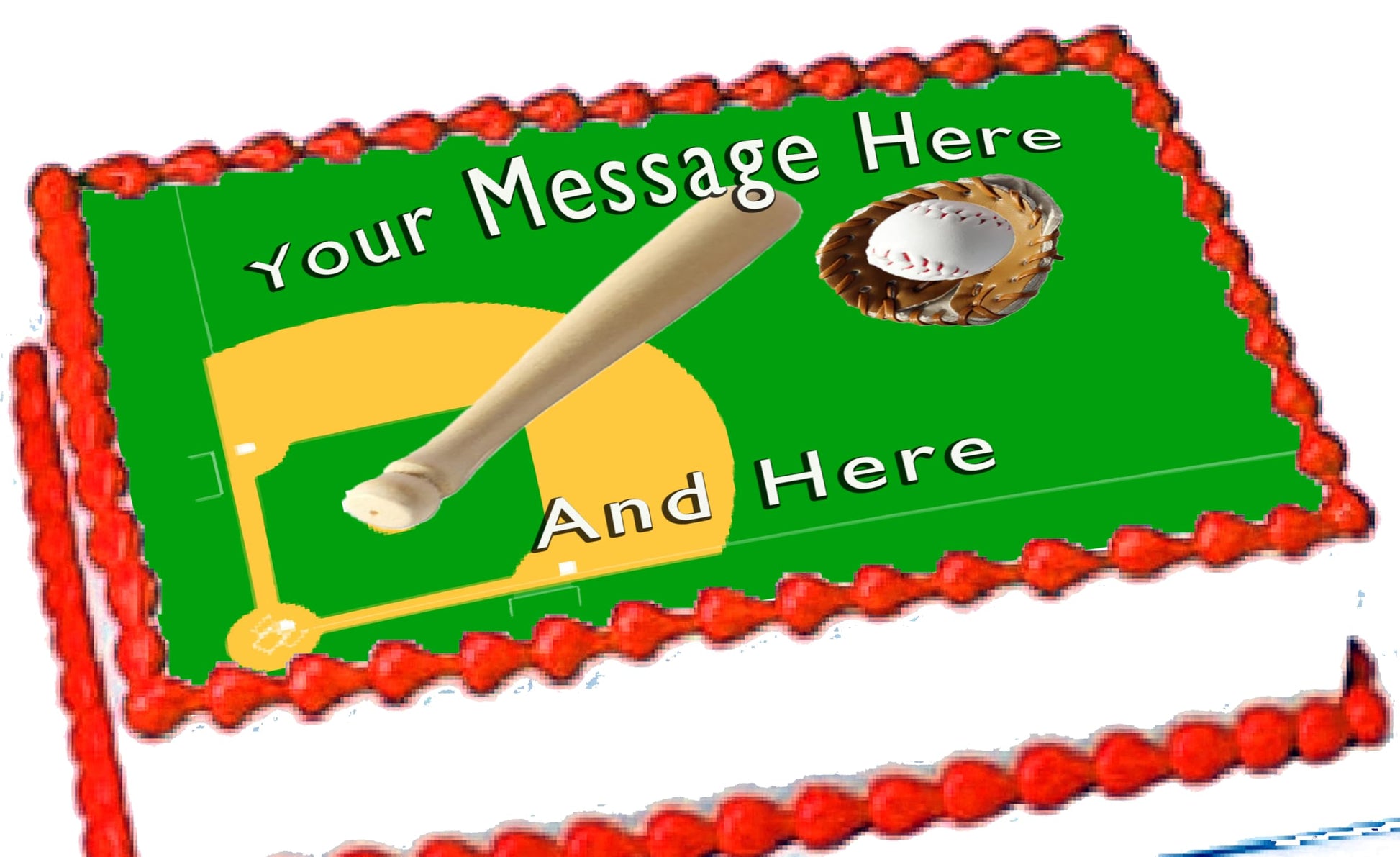 Baseball Field, baseball, and a ball inside a  glove on an edible icing image sheet cake topper.