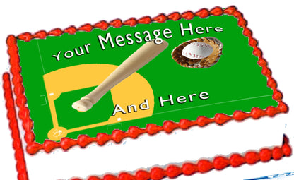 Baseball Field, baseball, and a ball inside a  glove on an edible icing image sheet cake topper.