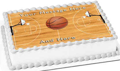 Basketball-themed with customizable text on a wooden court design edible image sheet cake topper.