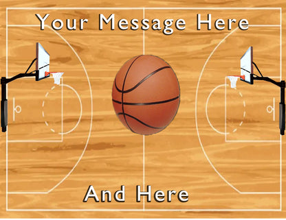 Edible Icing Sheet Cake with Basketball and basketball hoop on a wooden court with 'Your Message Here' text.