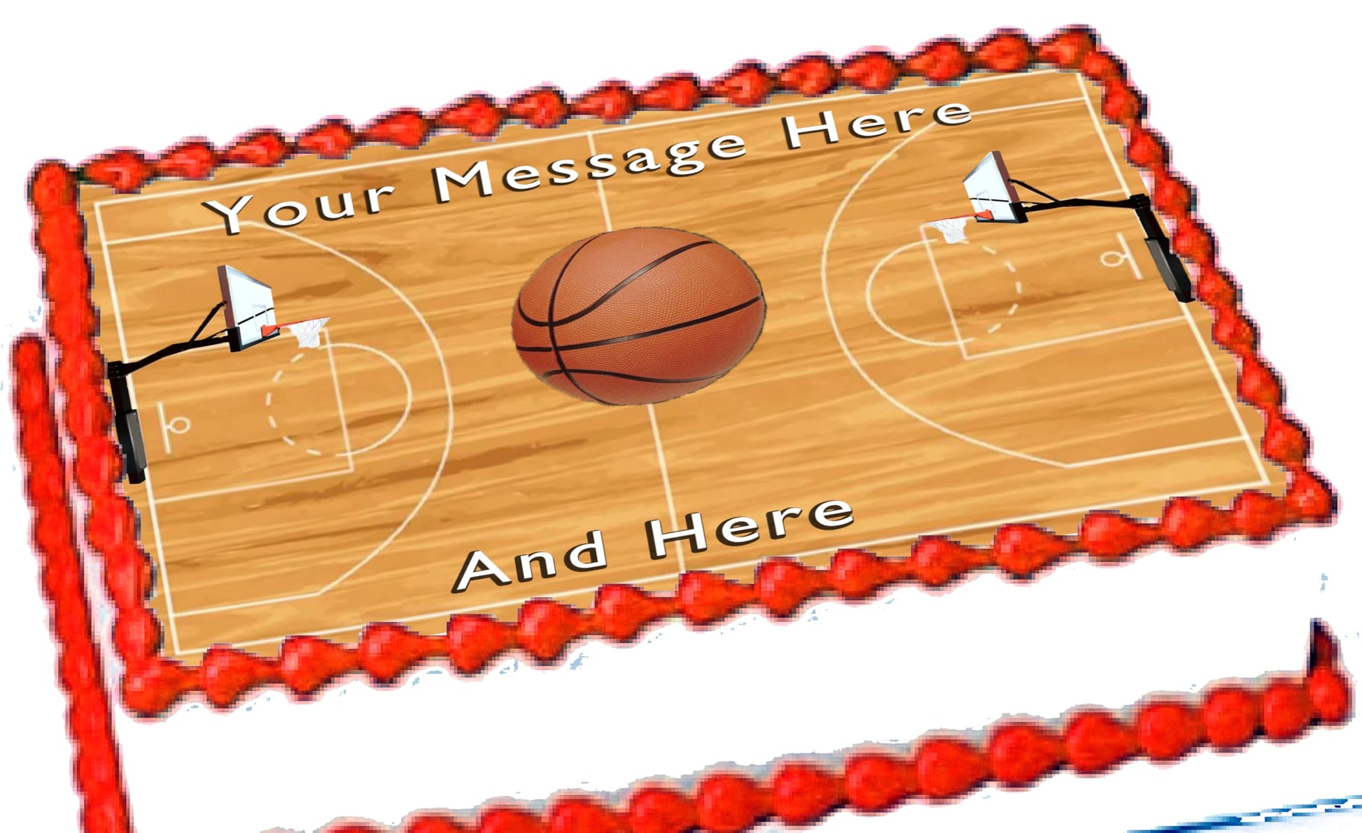 Basketball themed cake topper with basketball court design edible image sheet.