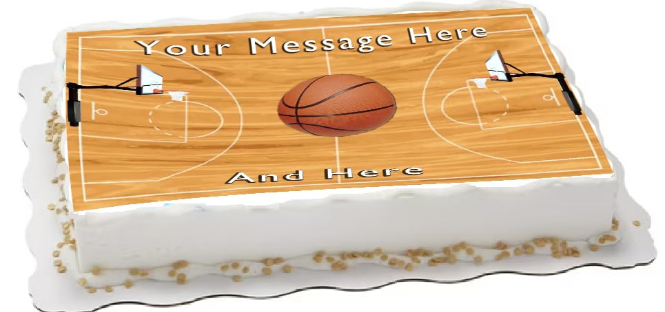 Basketball-themed cake topper with court design, basketball, and text 'Your Message Here' and 'And Here' edible image.