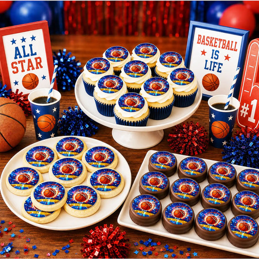 Celebrate with our Basketball Edible Image Cake Topper - 20 - 2" Precut Icing Sheet - RA Pape