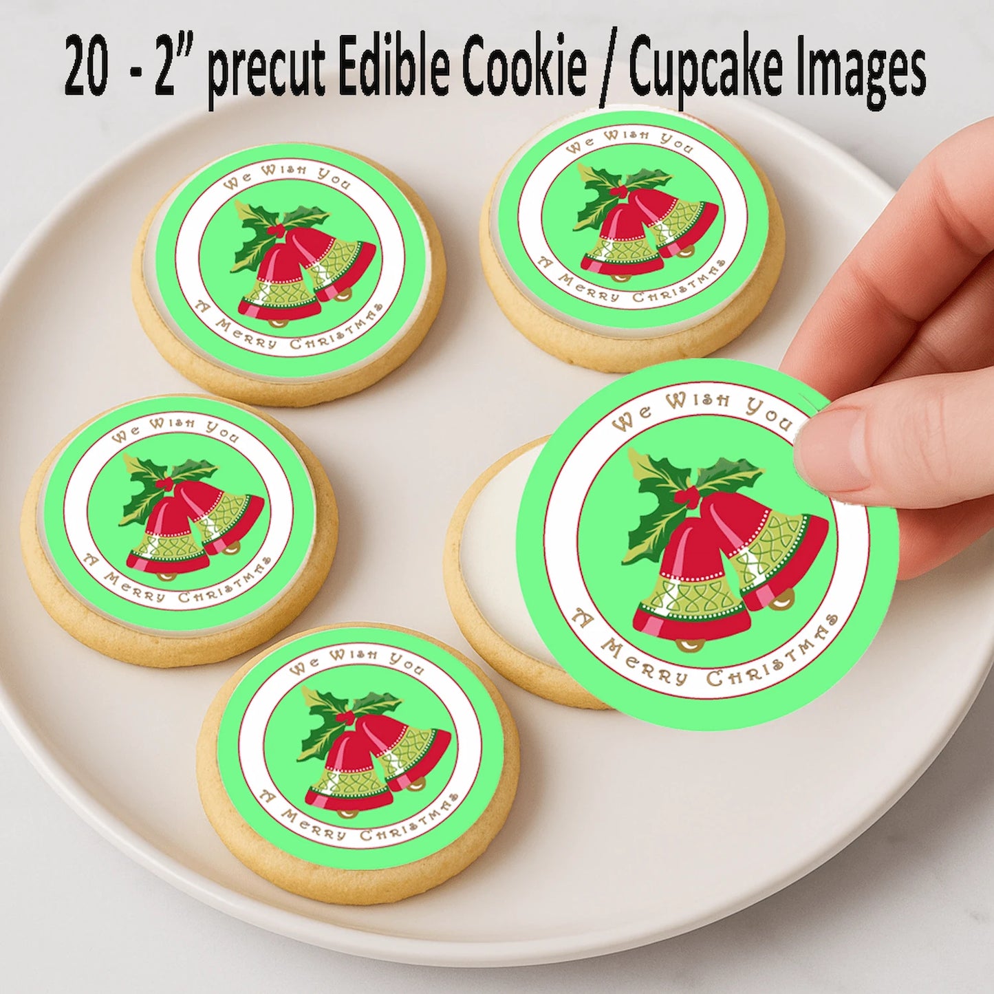 Christmas Bells edible cake images being placed on cookies – holiday dessert icing images for Christmas fun.