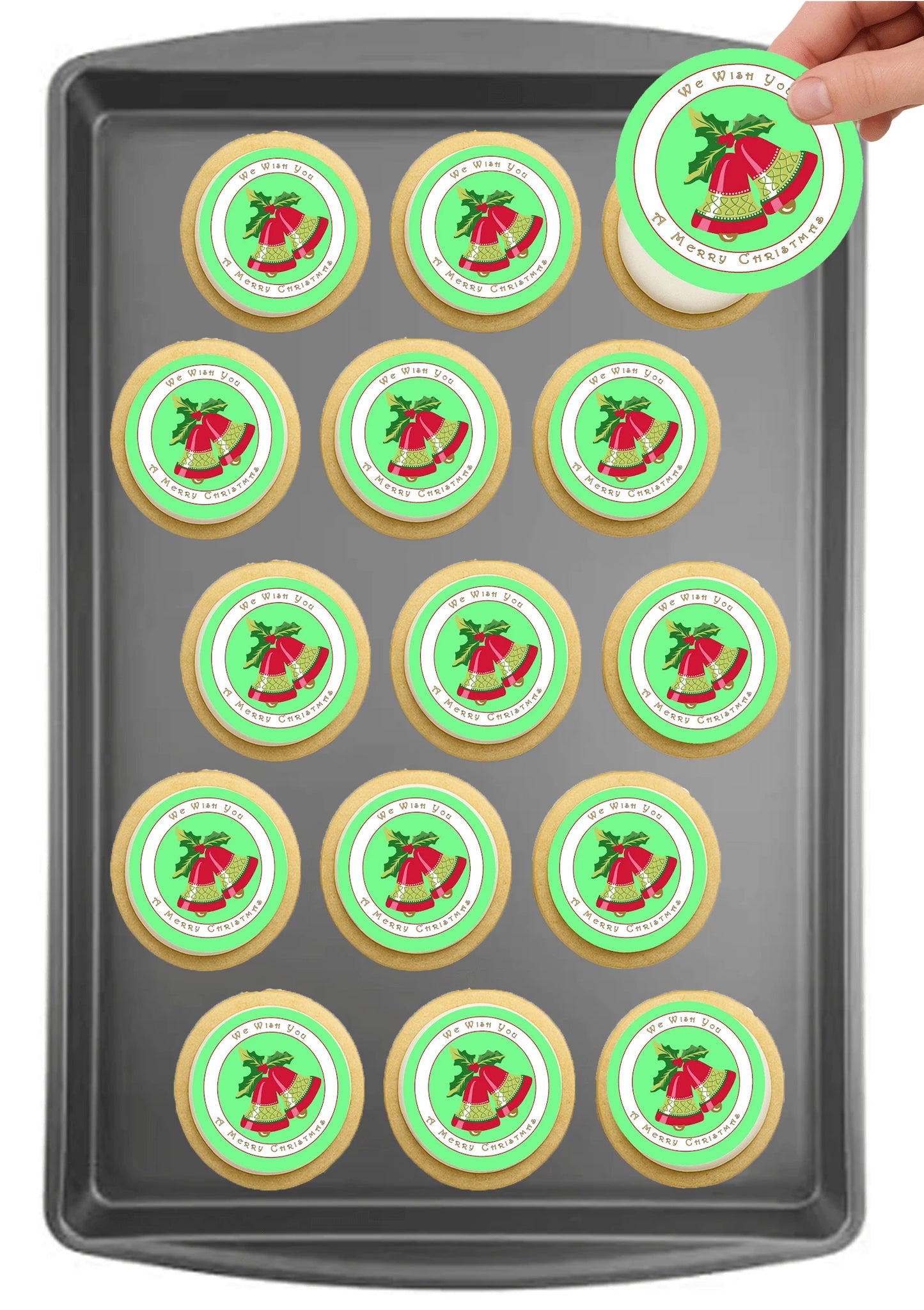 Christmas Bells edible cake images on baking tray – pre-cut round edible cake images for holiday cookies, Bells theme icing sheet