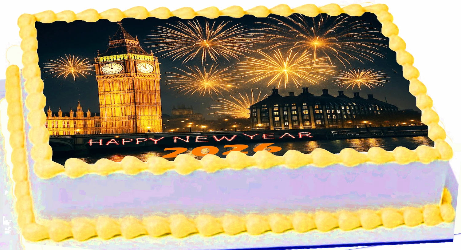 Edible Icing Image Sheet Cake Topper with New Year Golden Balls  themed decoration
