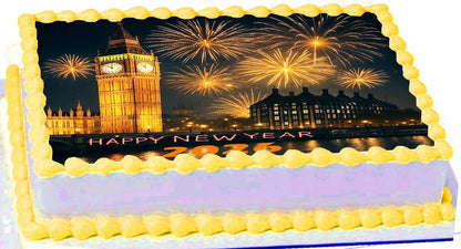 Edible Icing Image Sheet Cake Topper with New Year Golden Balls  themed decoration