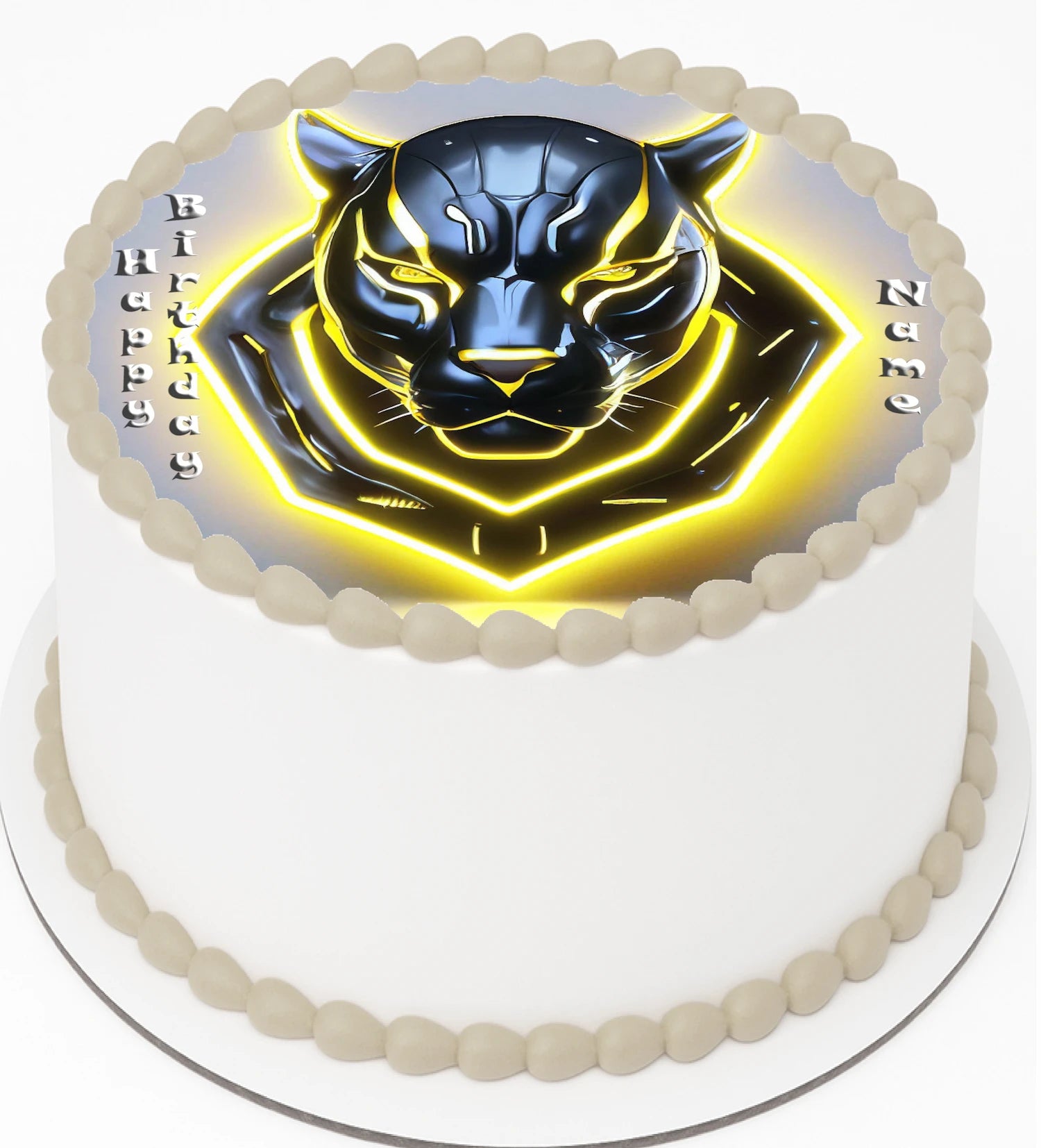 Cake with edible Icing Image a panther design and 'Happy Birthday' 