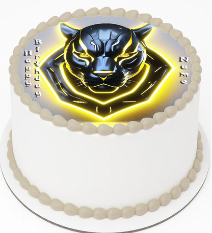Cake with edible Icing Image a panther design and 'Happy Birthday' 