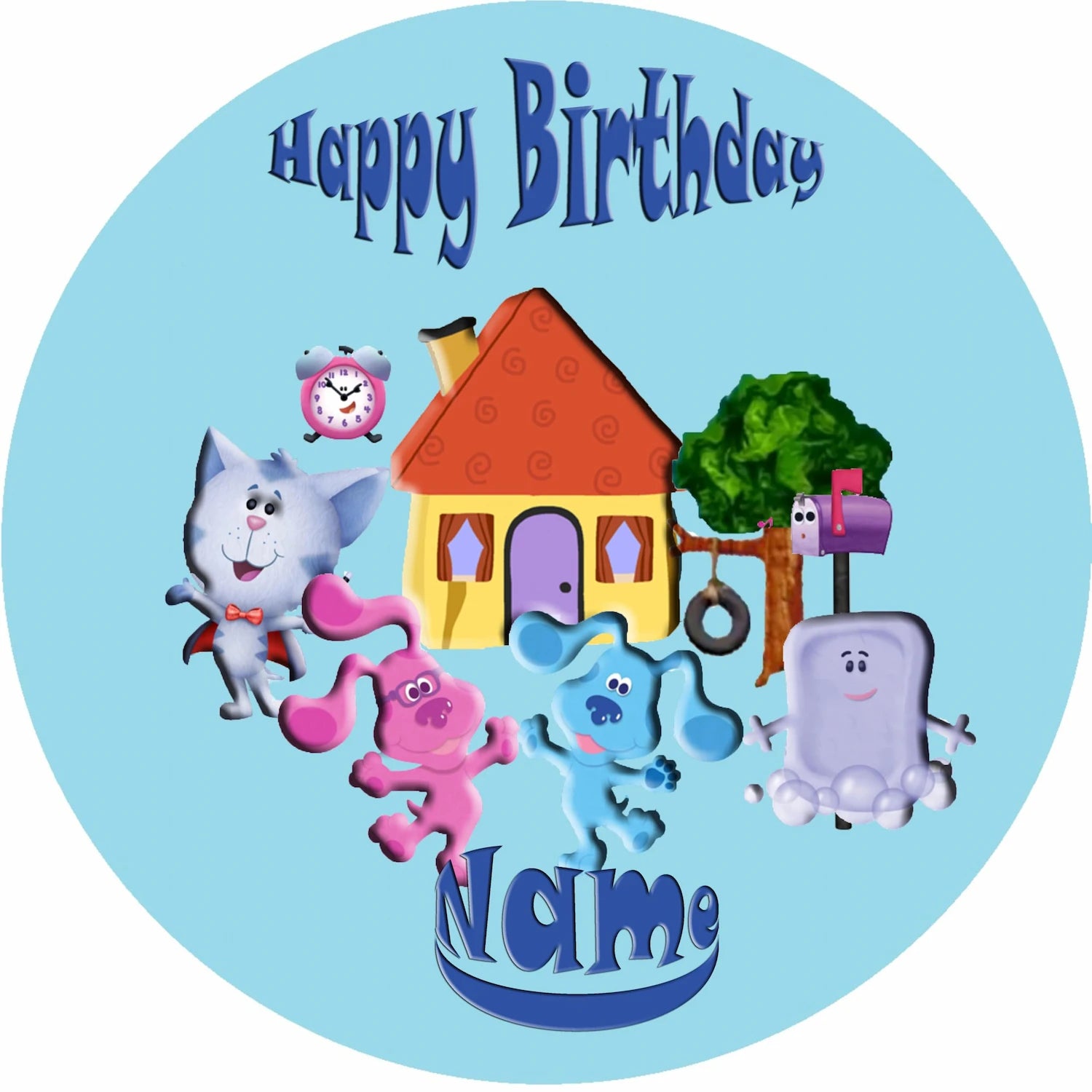 Round birthday edible icing images cartoon blue clue characters and 'Happy Birthday' text.