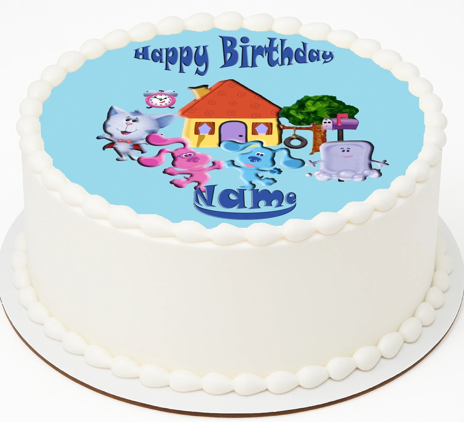 Birthday cake topper with cartoon  blues clues characters having fun with 'Happy Birthday' text.