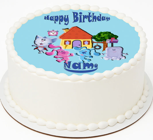Birthday cake topper with cartoon  blues clues characters having fun with 'Happy Birthday' text.
