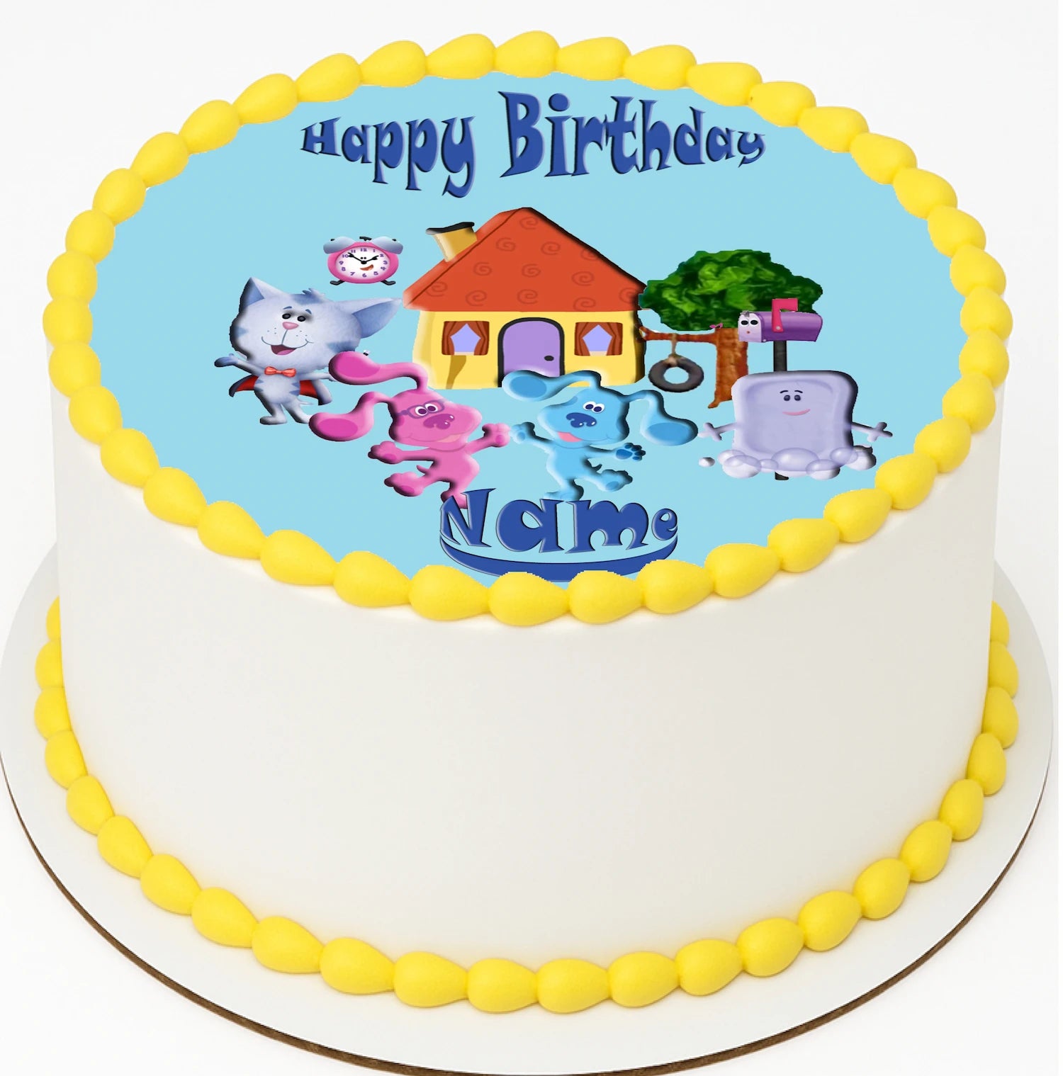 Edible image cake topper with  cartoon blue clue characters and 'Happy Birthday'.