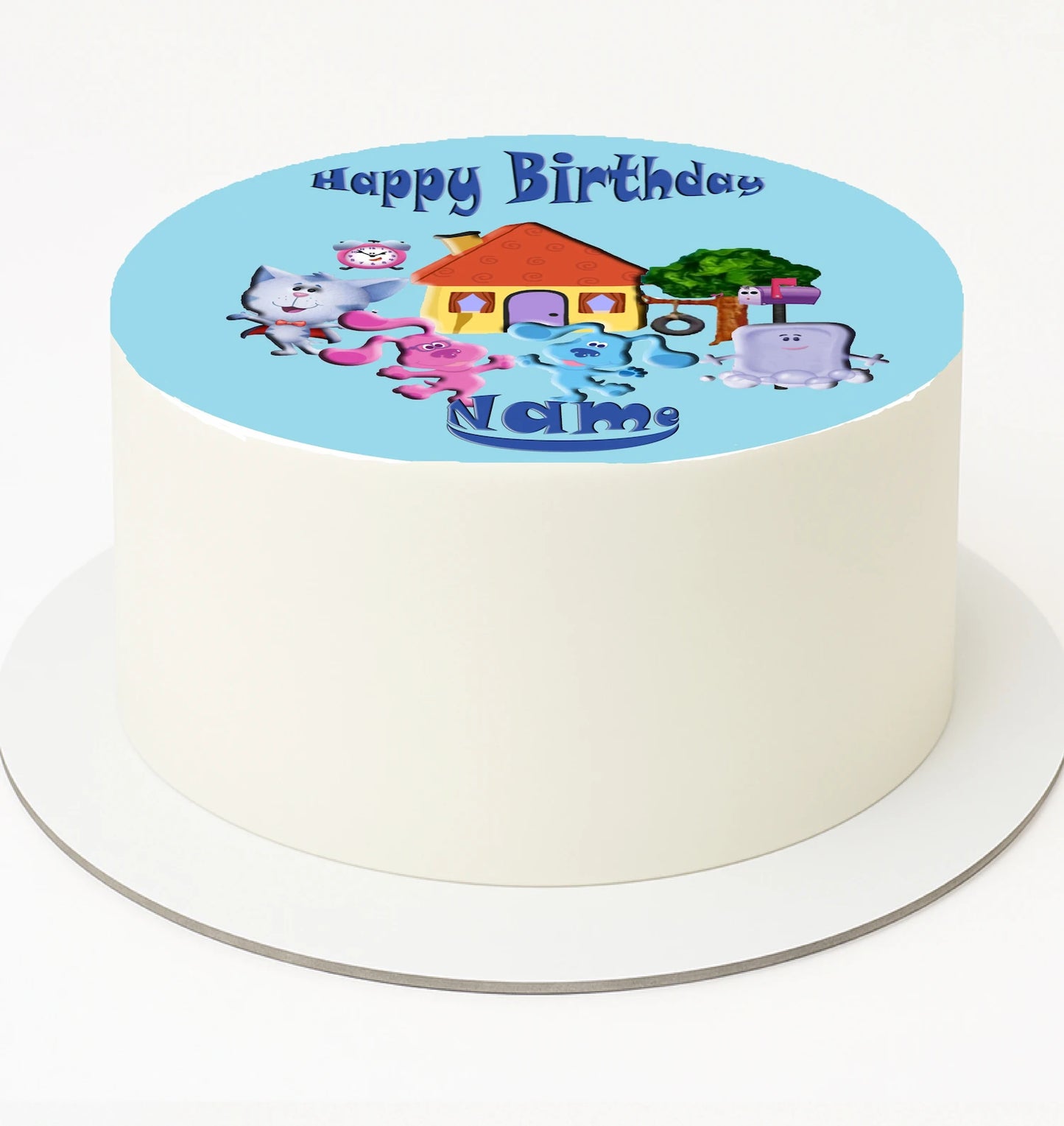 Children's birthday Blue Clues edible image cake topper and 'Happy Birthday' text.