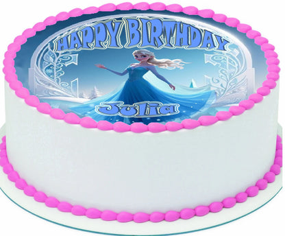 Birthday edible cake topper with 'Happy Birthday' and the elsa character 