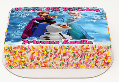 Edible Images Sheet Cake Topper with Frozen-themed decorations and colorful sprinkles
