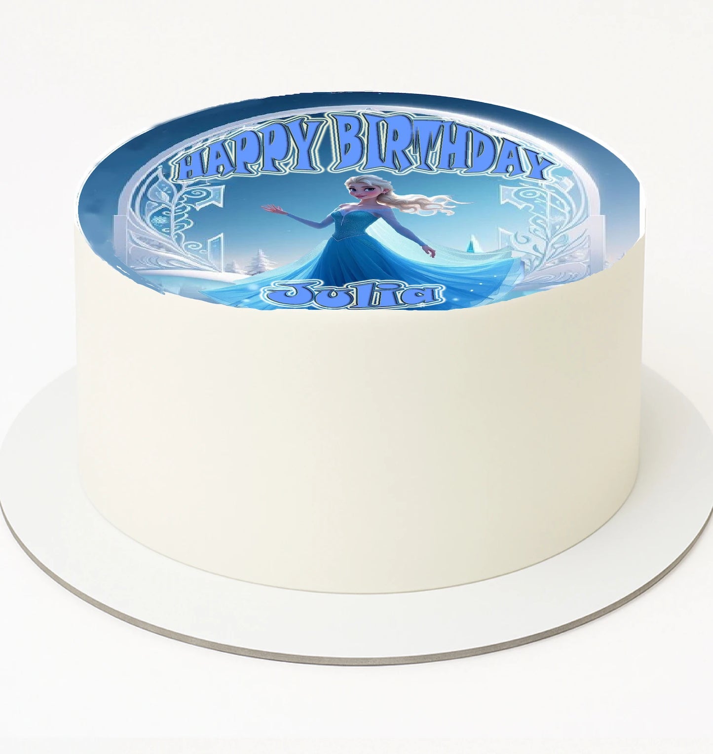 Round cake topper with a Frozen-themed topper featuring a character and 'Happy Birthday text. 