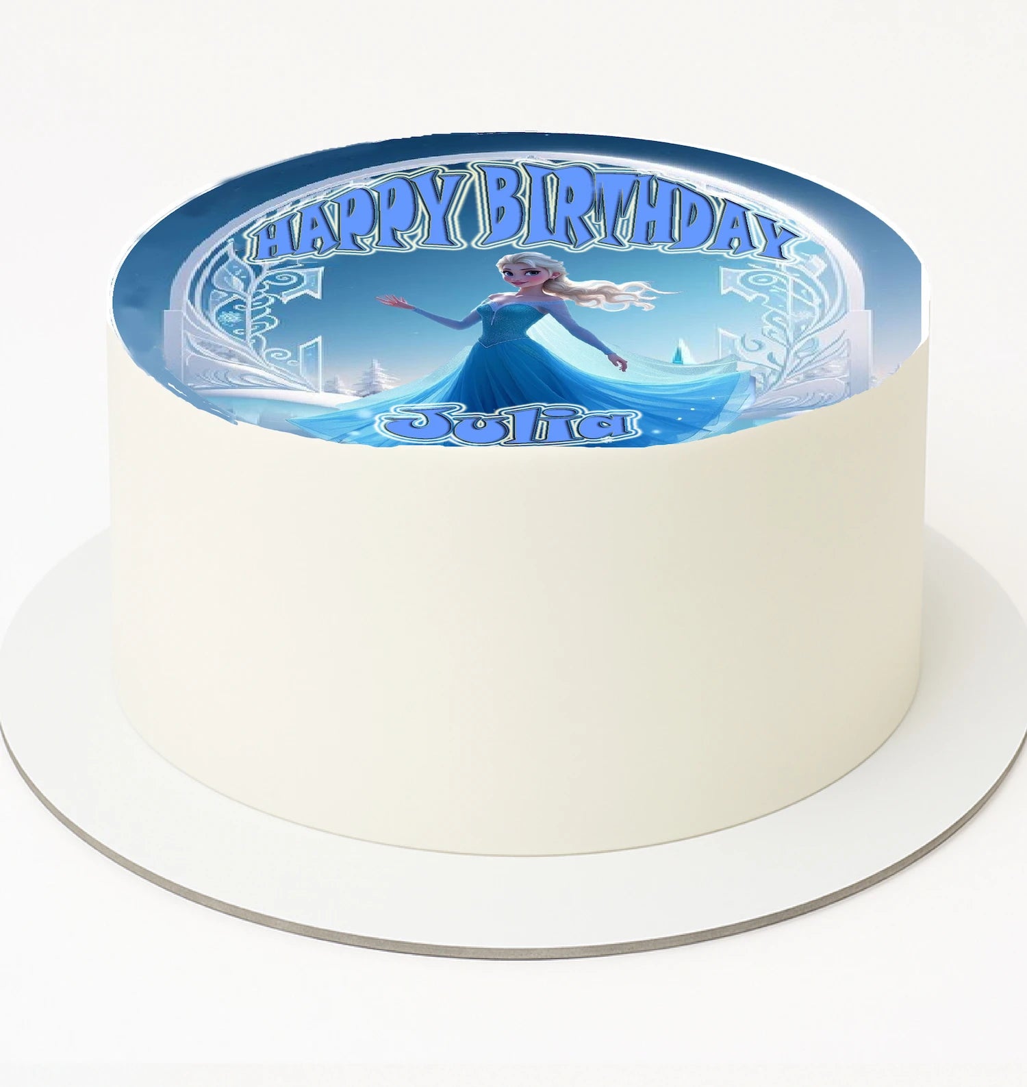 Round cake topper with a Frozen-themed topper featuring a character and 'Happy Birthday text. 