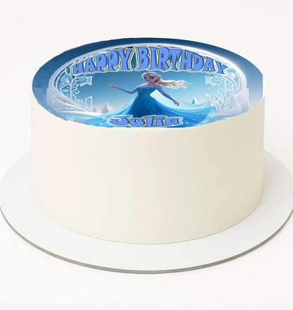 Round cake topper with a Frozen-themed topper featuring a character and 'Happy Birthday text. 