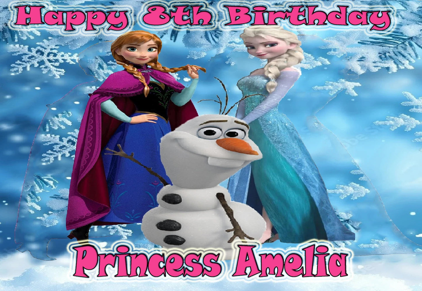 Happy 8th Birthday Edible Icing Images Cake Topper with Frozen characters Anna, Elsa, and Olaf on a snowy background. Personalized with name and age by Edible Icing Images.