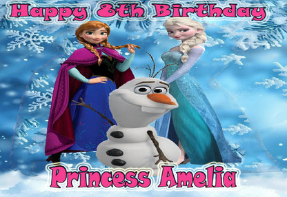 Happy 8th Birthday Edible Icing Images Cake Topper with Frozen characters Anna, Elsa, and Olaf on a snowy background. Personalized with name and age by Edible Icing Images.