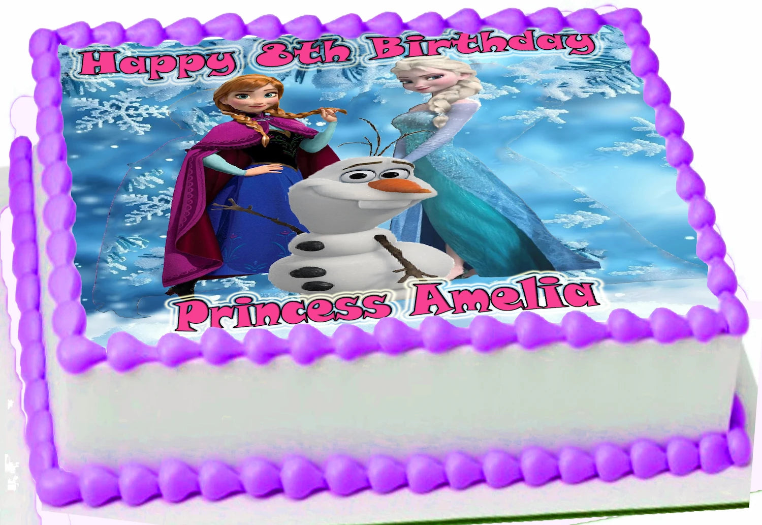Happy 8th Birthday Edible Icing Images Cake Topper with Frozen characters Anna, Elsa, and Olaf on a snowy background. Personalized with name and age by Edible Icing Images.