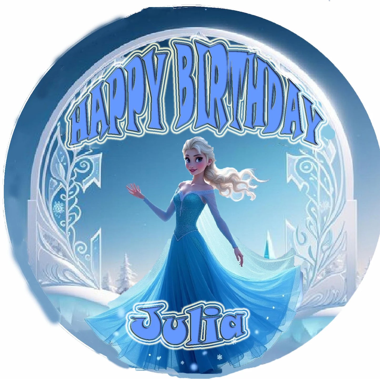 Round birthday edible image with 'Happy Birthday' and elsa character in blue dress