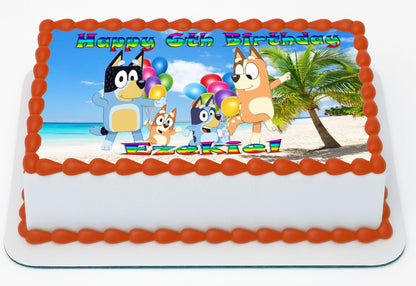 Bluey Dog  Edible Icing Images Cake Topper with a Personalized 'Happy Nth Birthday'  and Name featuring dog cartoon characters on a beach scene.