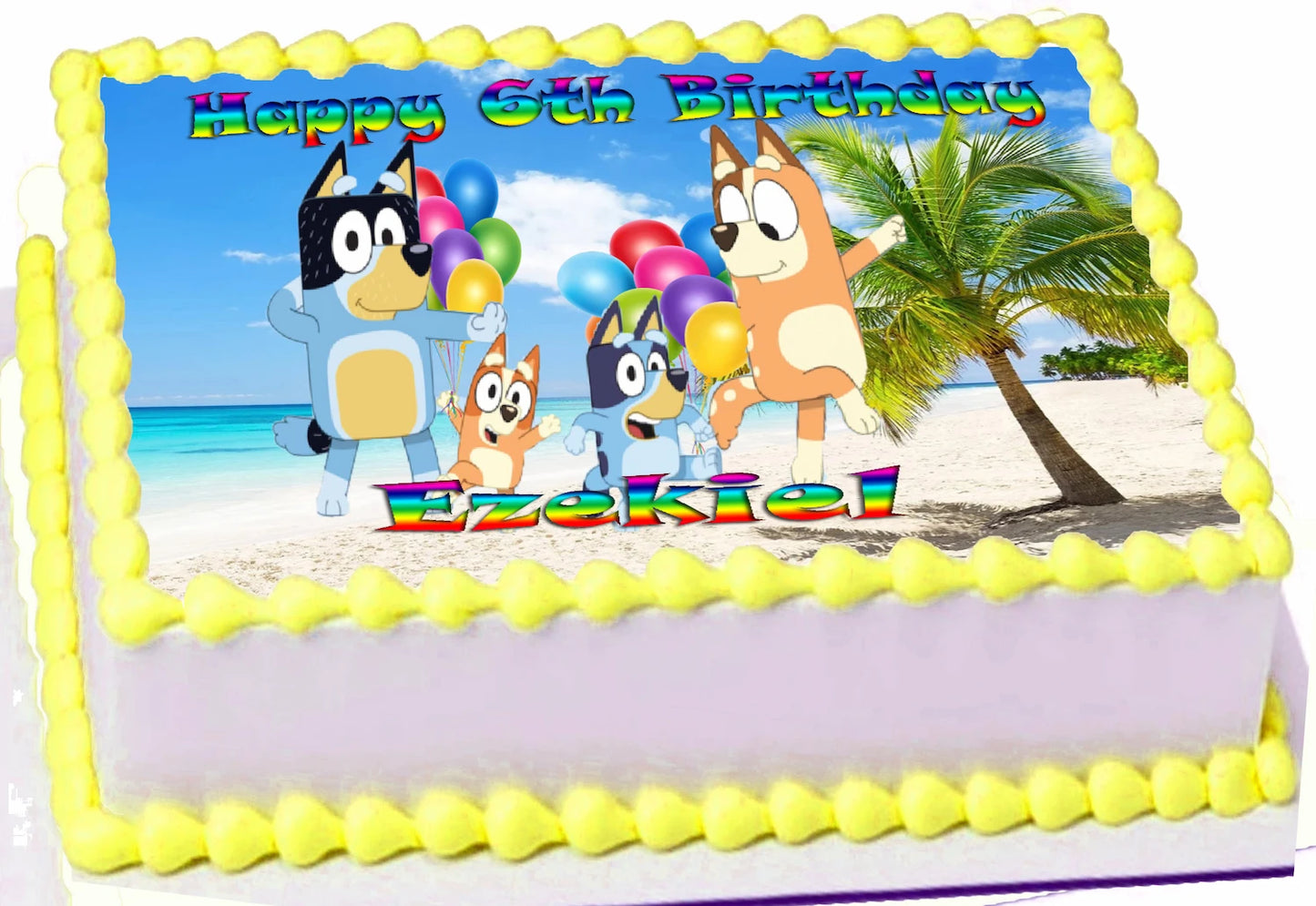 Customizable/Personalized 'Happy Nth Birthday'  and Name featuring dog cartoon characters on a beach scene. Bluey Dog  Edible Icing Images Cake Topper.
