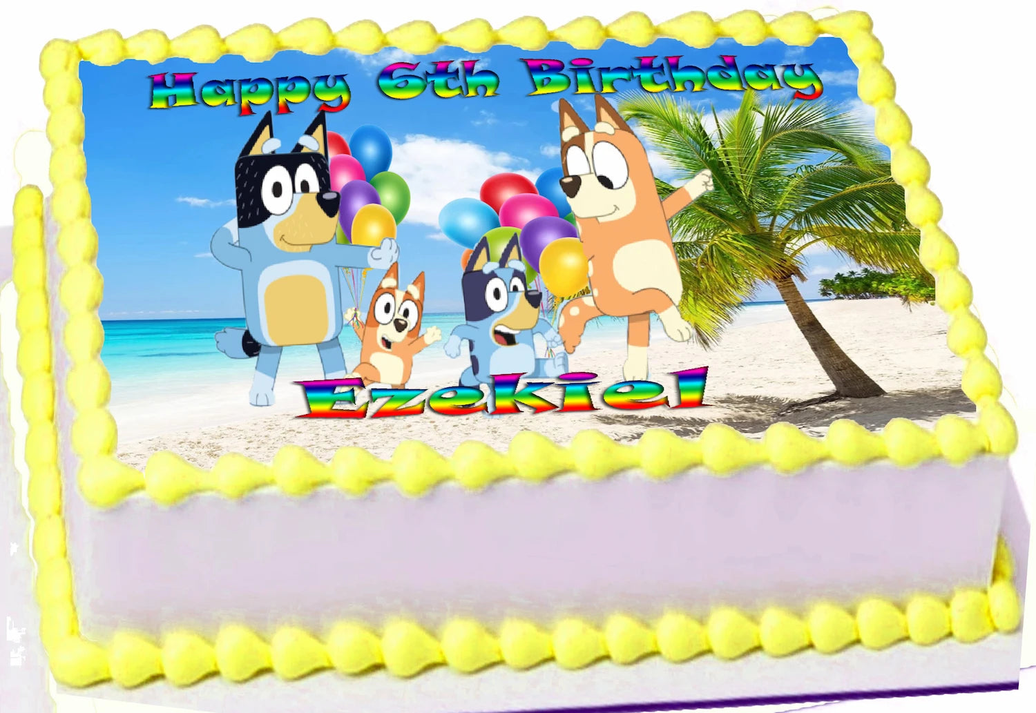 Customizable/Personalized 'Happy Nth Birthday'  and Name featuring dog cartoon characters on a beach scene. Bluey Dog  Edible Icing Images Cake Topper.