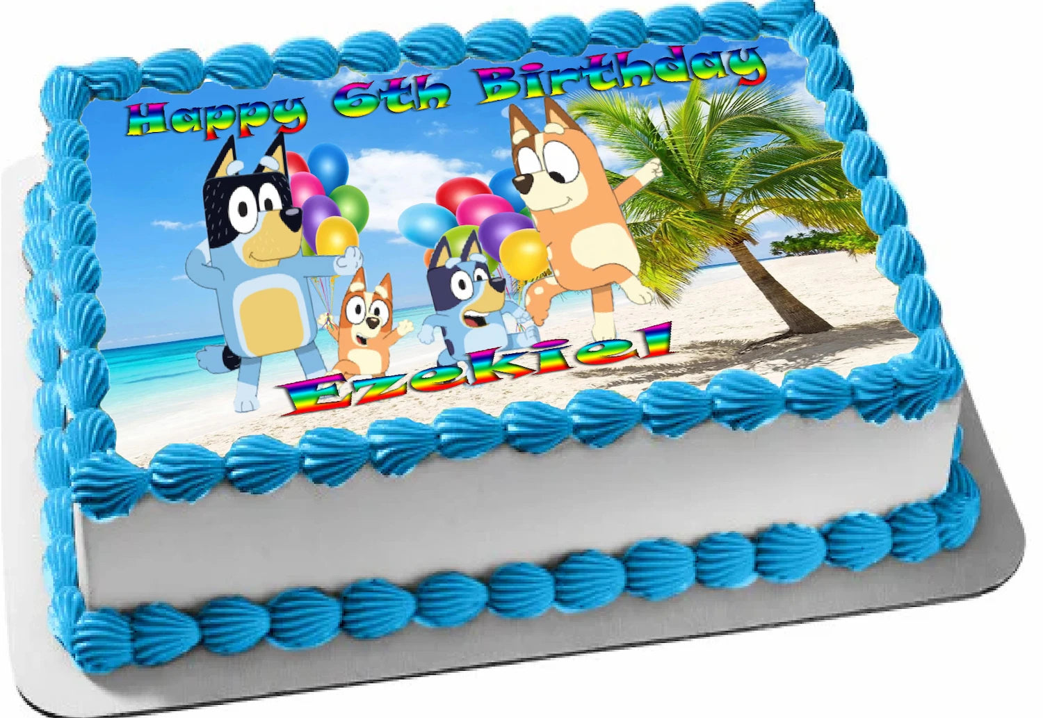 Bluey Dog  Edible Icing Images Cake Topper with a Customizable/Personalized 'Happy Nth Birthday'  and Name featuring dog cartoon characters on a beach scene.