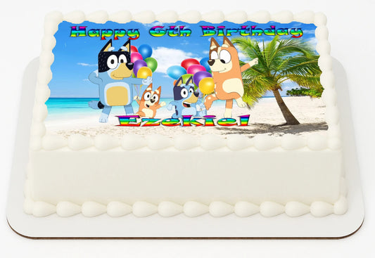 Bluey Dog  Edible Icing Images Cake Topper with a Customizable/Personalized 'Happy Nth Birthday'  and Name featuring dog cartoon characters on a beach.