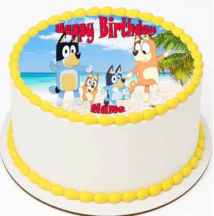 Edible Image birthday cake topper with Bluey characters and 'Happy Birthday' text.