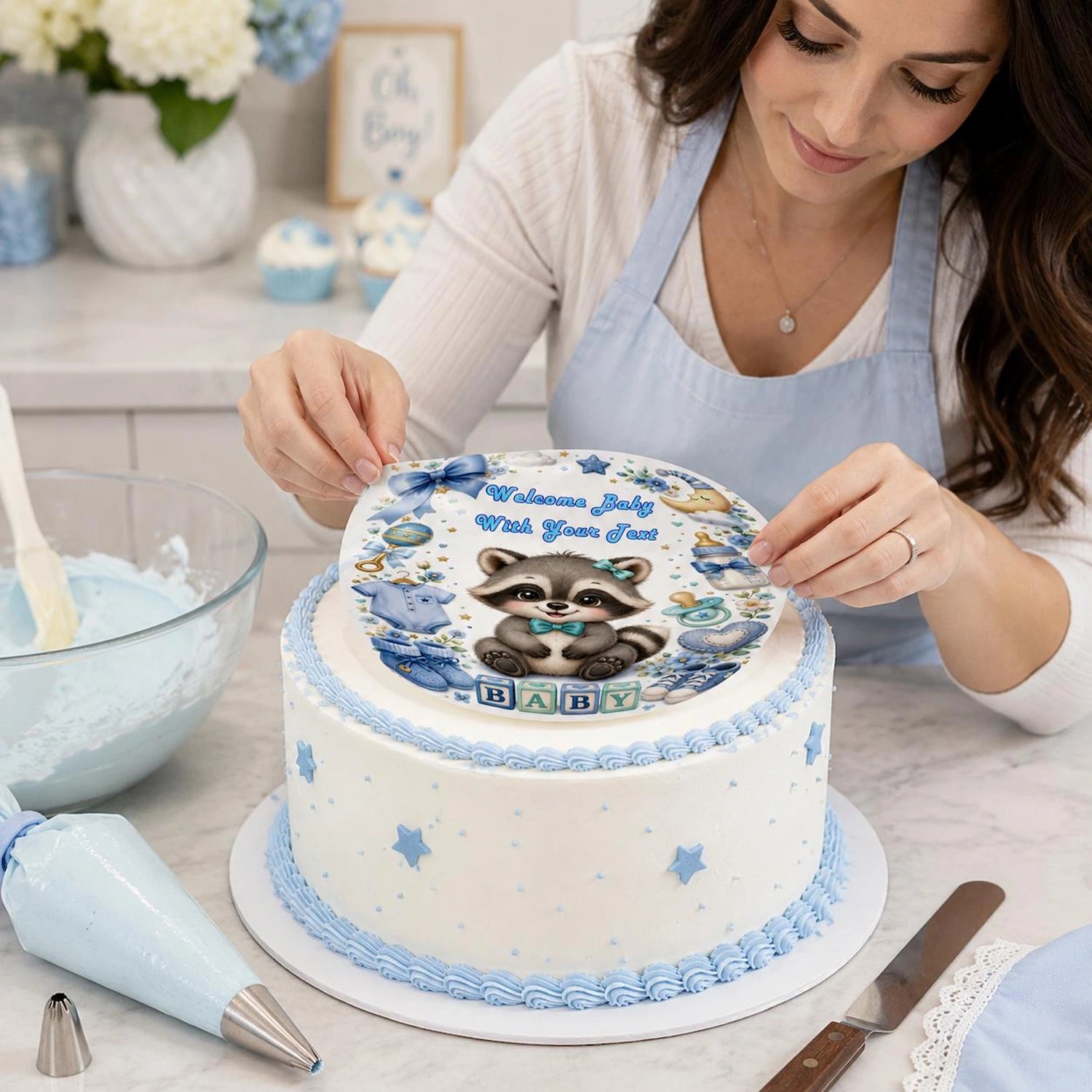 Boy Baby Shower Custom Edible Image Cake Topper - Precut 8" Icing Sheet easy to use